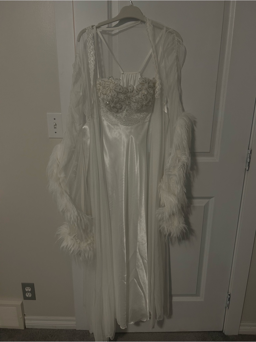 Ivory Satin and Sheer Embellished Nightgown with Feather-Trim Robe